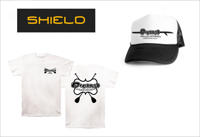 image of ohana paddleboards shield line of hats and shirts merchandise